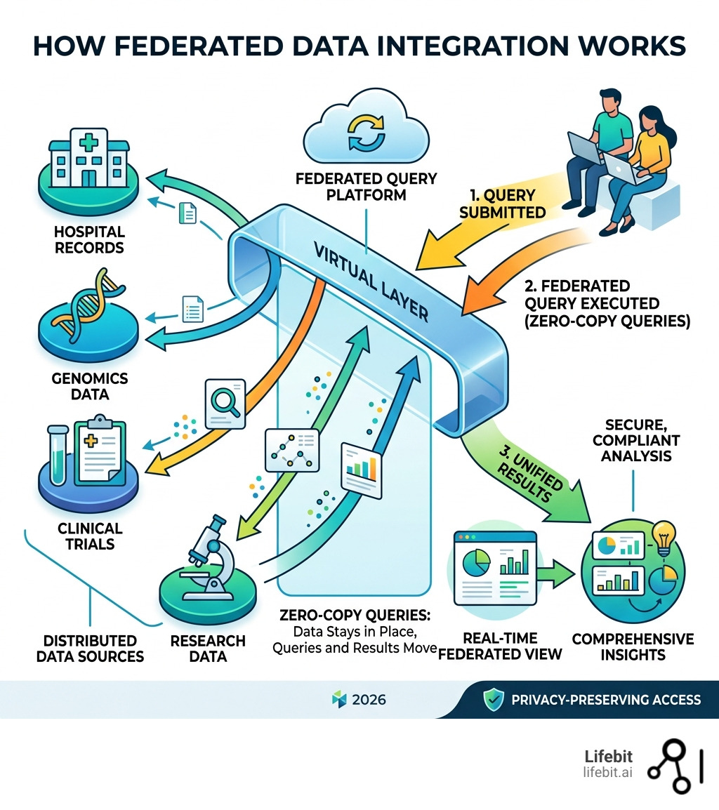 How federated data integration works: virtual layer, zero-copy queries, distributed sources, unified results - Federated