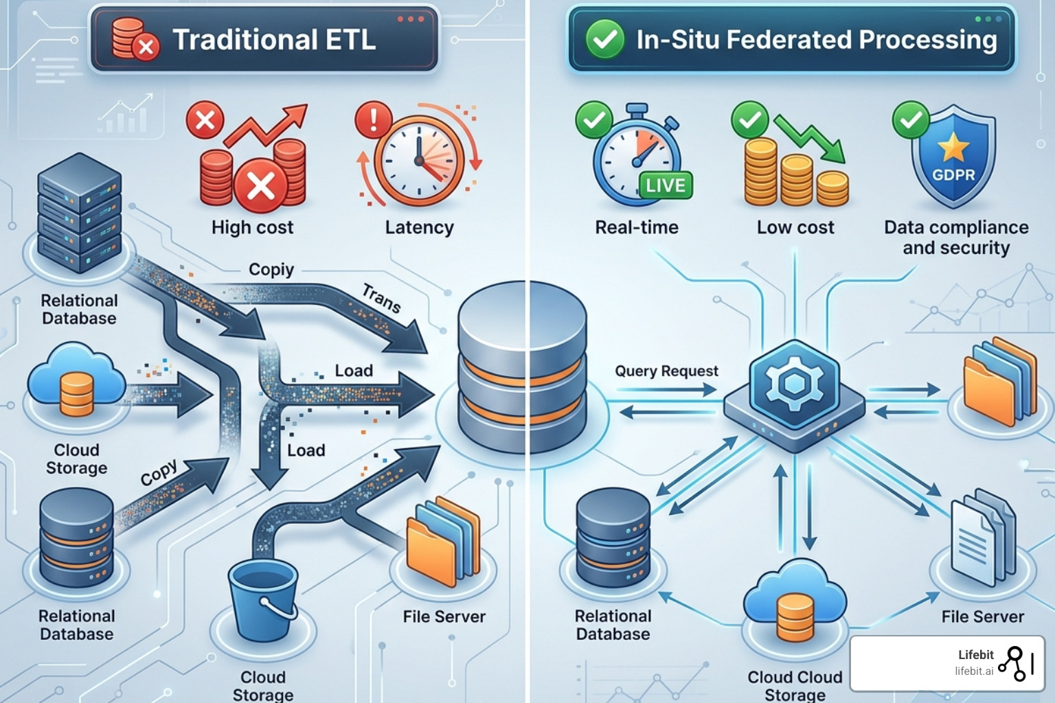 Comparison of traditional data movement vs. in-situ federated processing - Federated data integration
