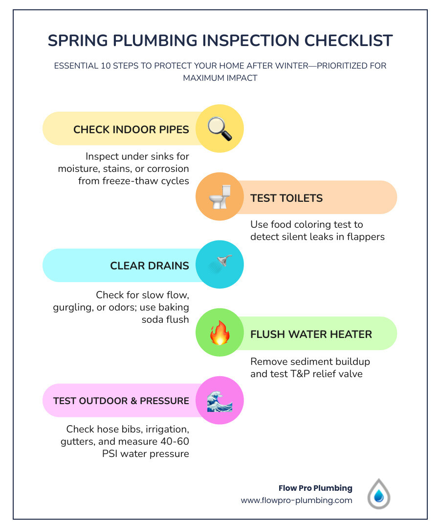 Infographic showing a spring plumbing inspection checklist with 10 key steps for homeowners - spring plumbing inspection Infographic showing a spring plumbing inspection checklist with 10 key steps for homeowners - spring plumbing inspection