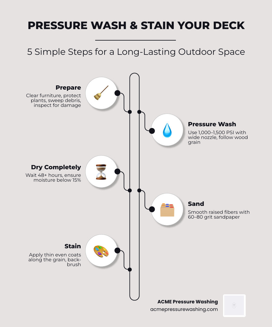 5-step infographic: pressure washing and staining a deck process overview - pressure washing and staining a deck infographic
