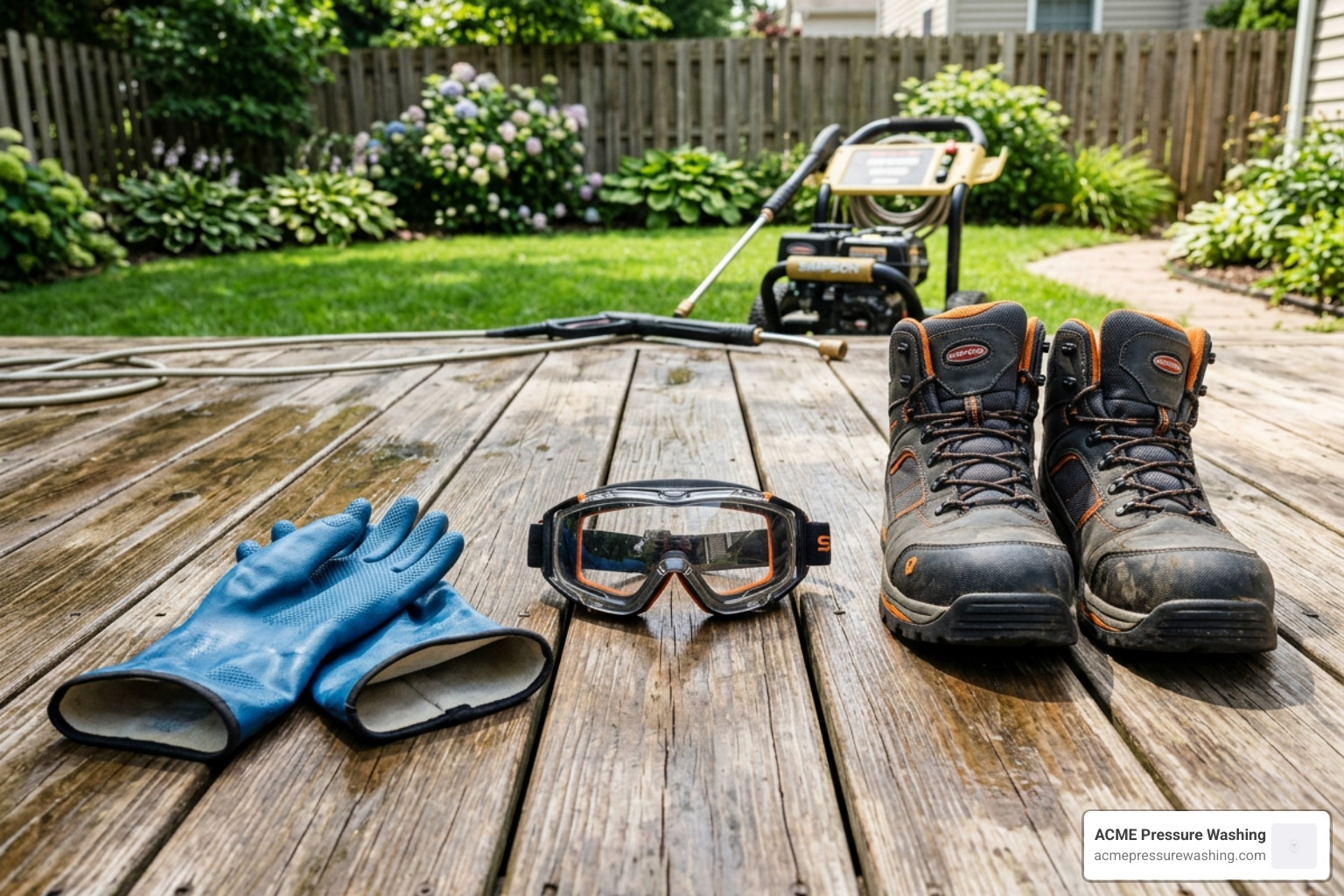 Essential safety gear for deck work including goggles and gloves - pressure washing and staining a deck
