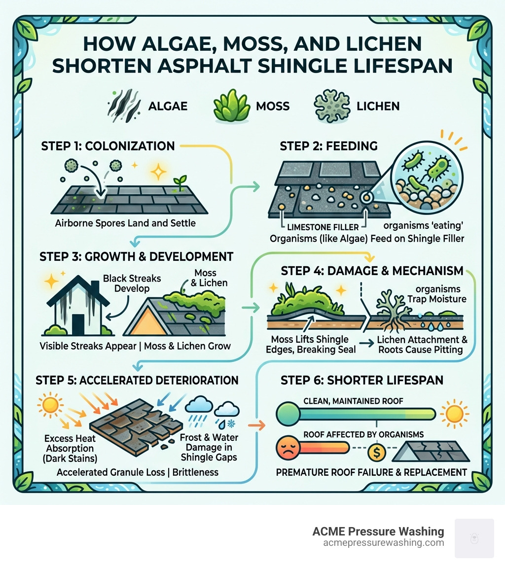 infographic showing how algae moss and lichen shorten asphalt shingle lifespan step by step - asphalt shingle roof cleaning