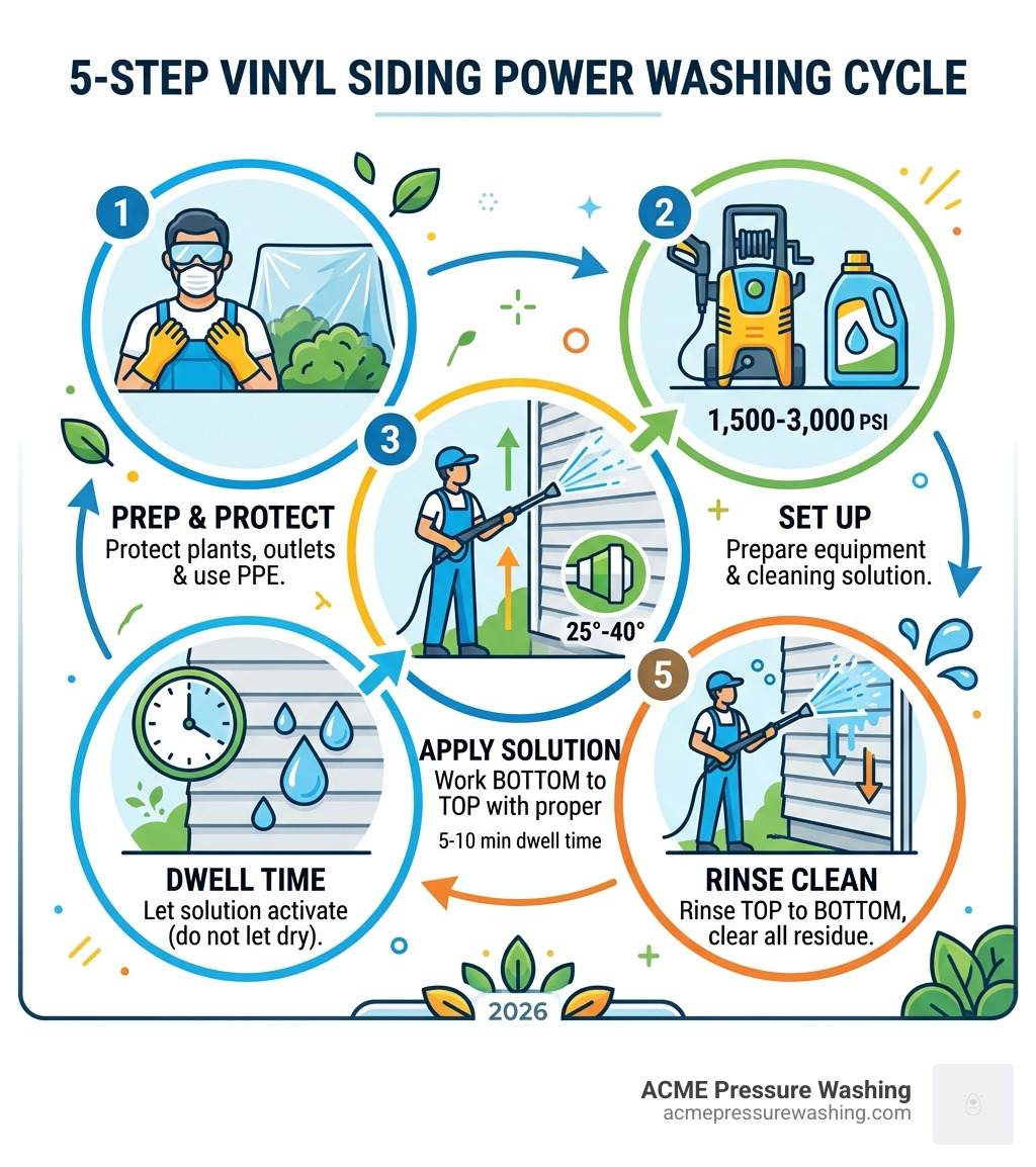 5-step vinyl siding power washing cycle infographic illustrating preparation, setup, application, dwell time, and rinsing techniques for effective cleaning.