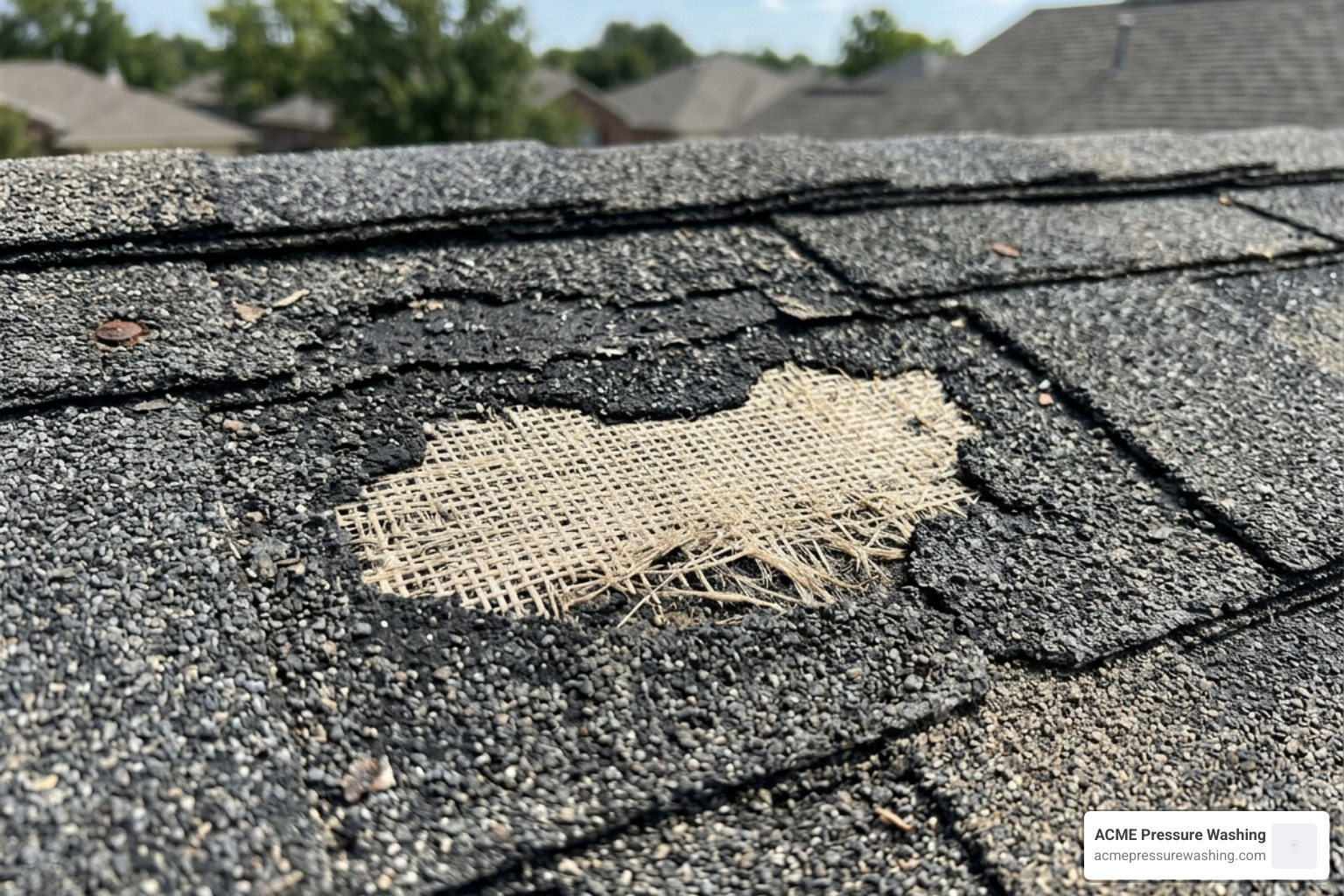 Close-up of damaged asphalt shingle showing missing granules and exposed fiberglass mat - roof cleaning moss removal
