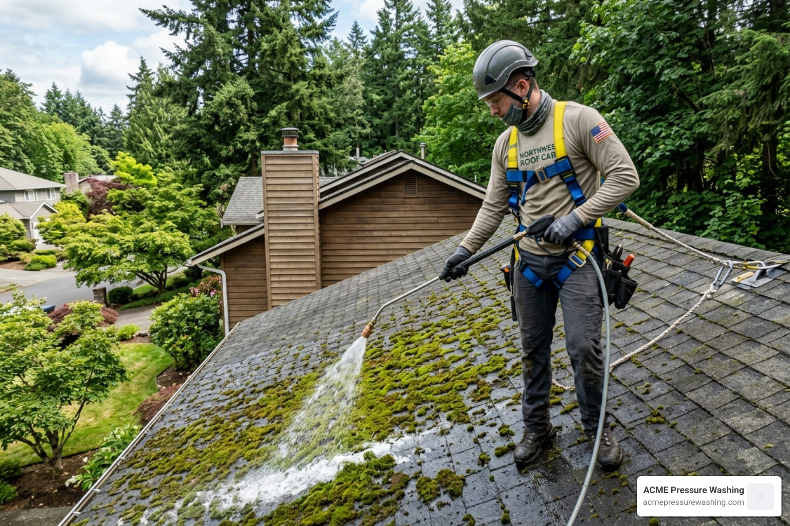 Technician using a low-pressure wand to apply cleaning solution to a mossy roof - roof cleaning moss removal