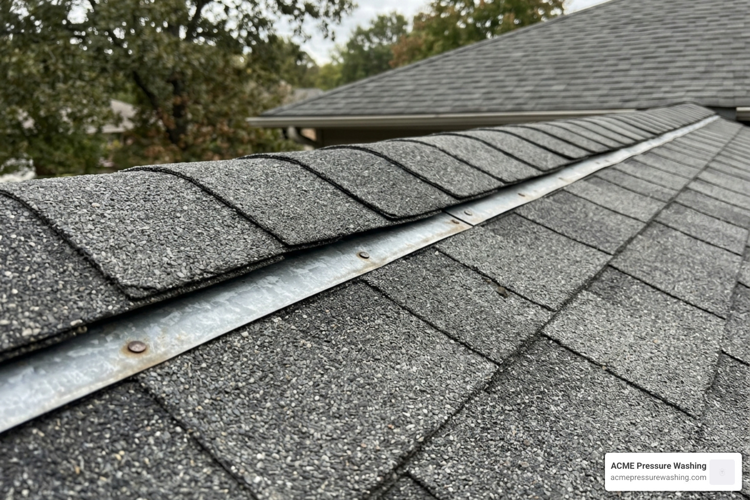 Close-up of a zinc strip installed under the ridge cap of a shingle roof - roof cleaning moss removal