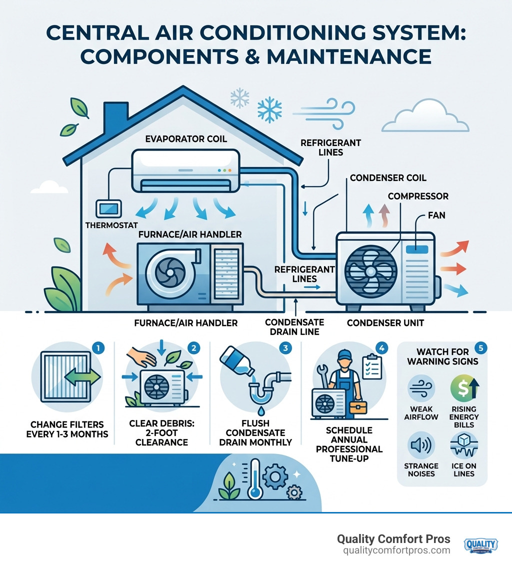 Infographic showing key components of a central air conditioning system and maintenance tasks - air conditioning system