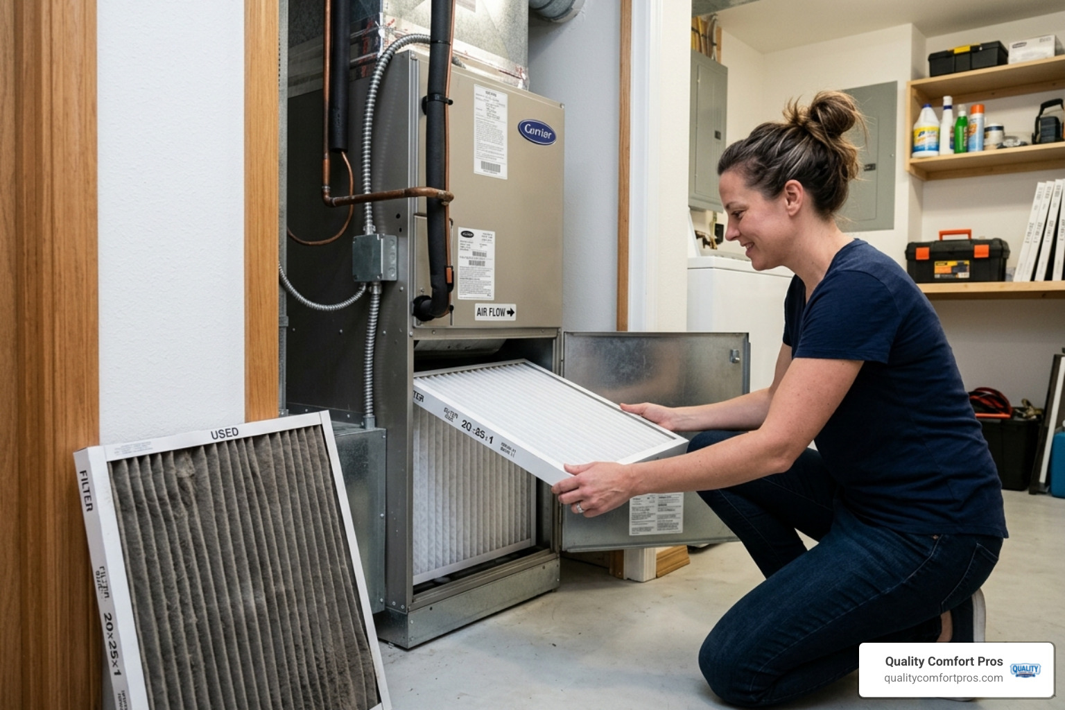 Homeowner replacing a pleated air filter in an indoor air handler - air conditioning system maintenance