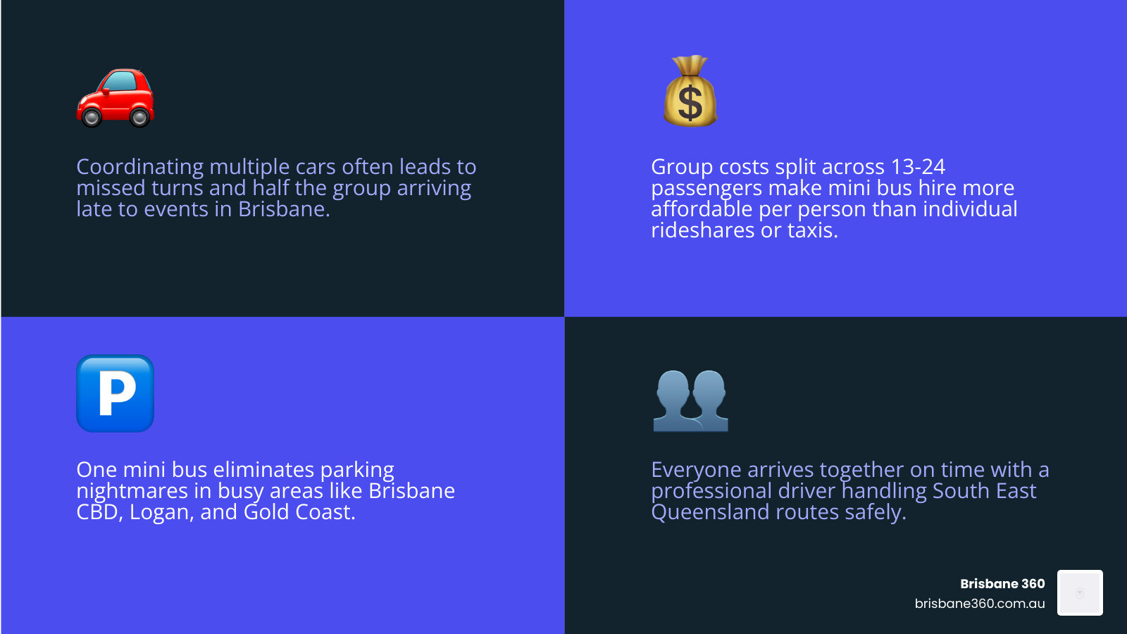 Group transport benefits infographic: coordination, cost split, no parking stress, arrive together, professional driver Group transport benefits infographic: coordination, cost split, no parking stress, arrive together, professional driver