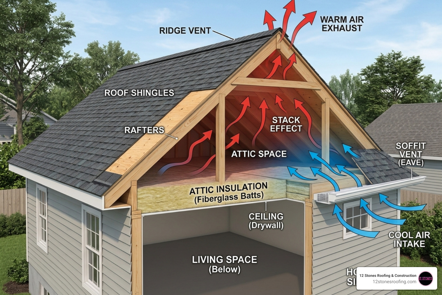 The stack effect showing how hot air rises and exits through ridge vents while pulling cool air through soffits