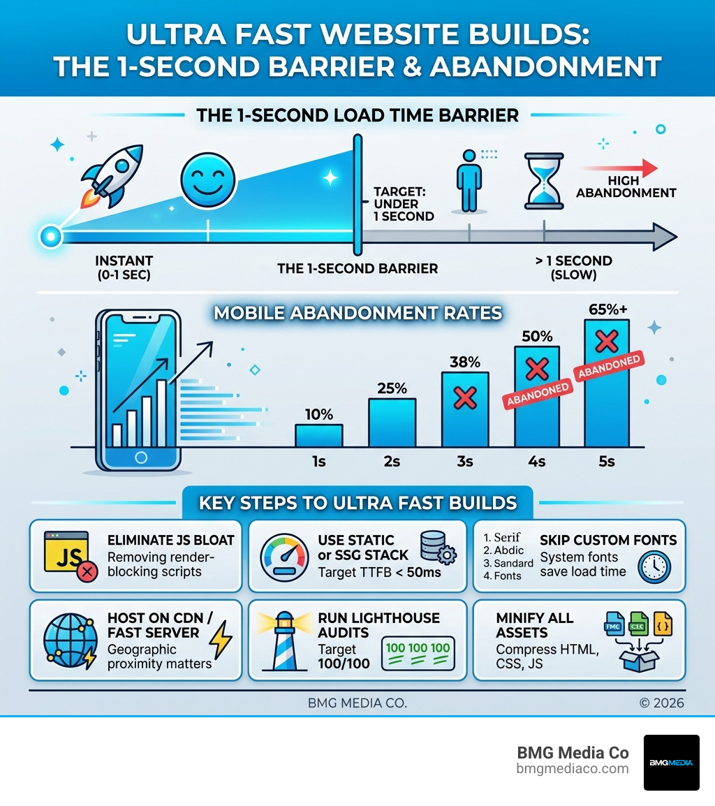 Infographic showing the 1-second load time barrier, mobile abandonment rates, and key steps to ultra fast website builds Infographic showing the 1-second load time barrier, mobile abandonment rates, and key steps to ultra fast website builds