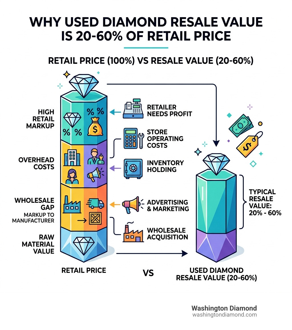 Infographic showing why used diamond resale value is 20-60% of retail: retail markup, overhead, wholesale gap - used diamond