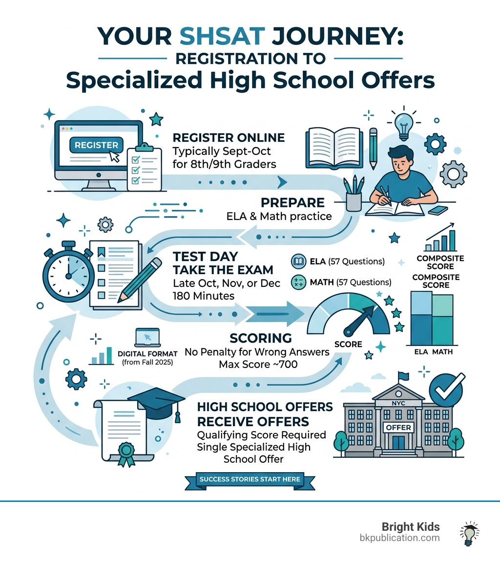 SHSAT journey from registration to scoring to specialized high school offers infographic - shsat  infographic