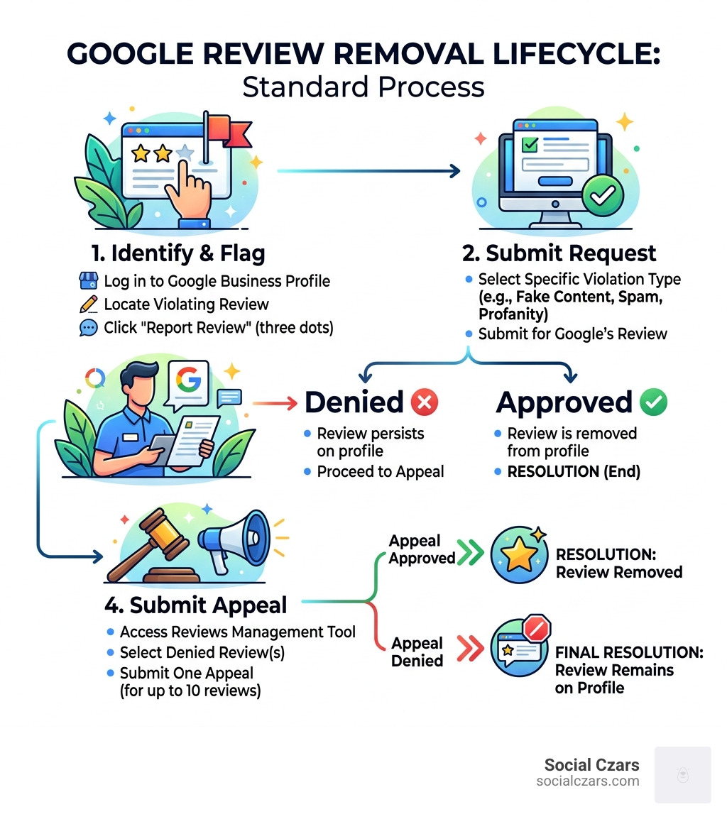 Google review removal lifecycle infographic showing steps from flagging to appeal to resolution - get google review removed Google review removal lifecycle infographic showing steps from flagging to appeal to resolution - get google review removed