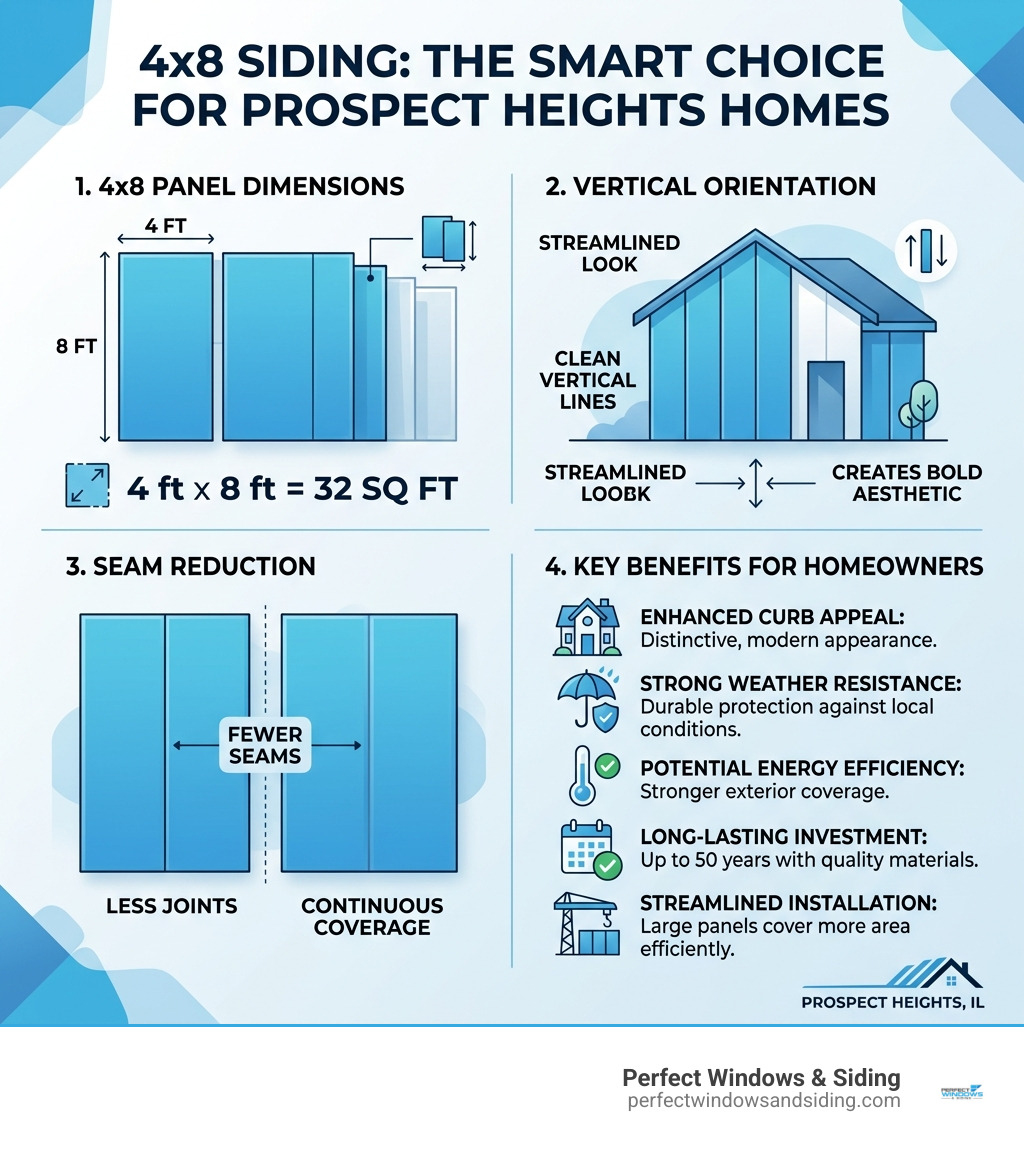 Infographic showing 4x8 panel dimensions, vertical orientation, seam reduction, and key benefits for Prospect Heights Infographic showing 4x8 panel dimensions, vertical orientation, seam reduction, and key benefits for Prospect Heights