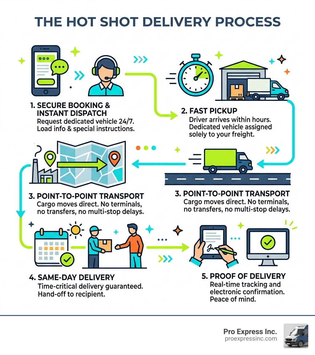 Infographic showing the hot shot delivery process from booking to same-day direct delivery - hot shot delivery infographic Infographic showing the hot shot delivery process from booking to same-day direct delivery - hot shot delivery infographic