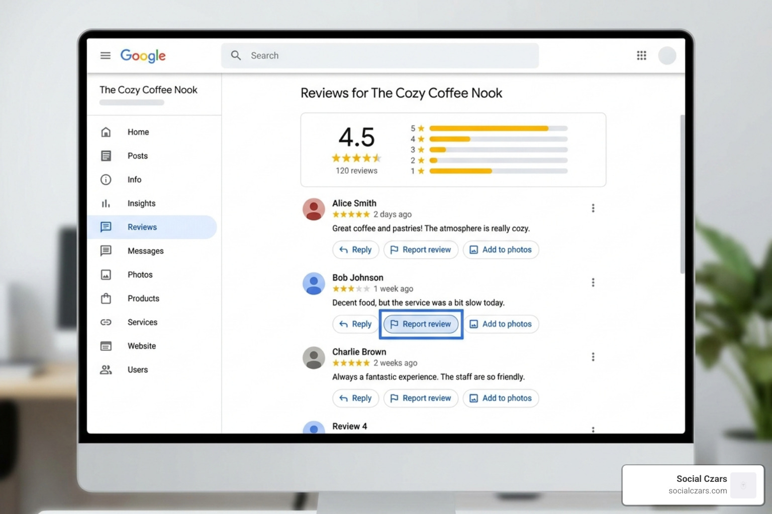 Google Business Profile dashboard showing the reviews section and the report review option - get google review removed Google Business Profile dashboard showing the reviews section and the report review option - get google review removed