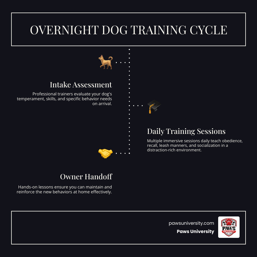 Overnight dog training cycle infographic: intake assessment, daily training sessions, socialization, rest, owner handoff Overnight dog training cycle infographic: intake assessment, daily training sessions, socialization, rest, owner handoff
