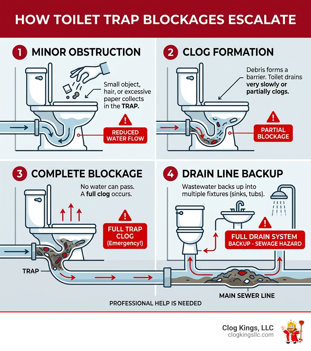 Infographic showing how a toilet trap blockage forms and escalates to a full drain backup - clogged toilet repair near me