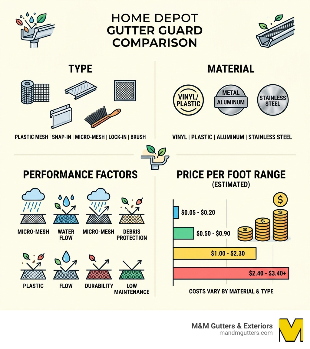 Comparison infographic of Home Depot gutter guard types, materials, and price per foot ranges - home depot gutter guards Comparison infographic of Home Depot gutter guard types, materials, and price per foot ranges - home depot gutter guards