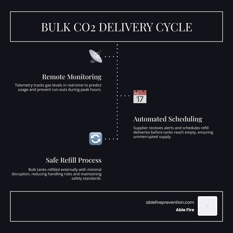 Bulk CO2 delivery cycle infographic for bars showing supply modes telemetry refill and safety steps - CO2 gas supplier