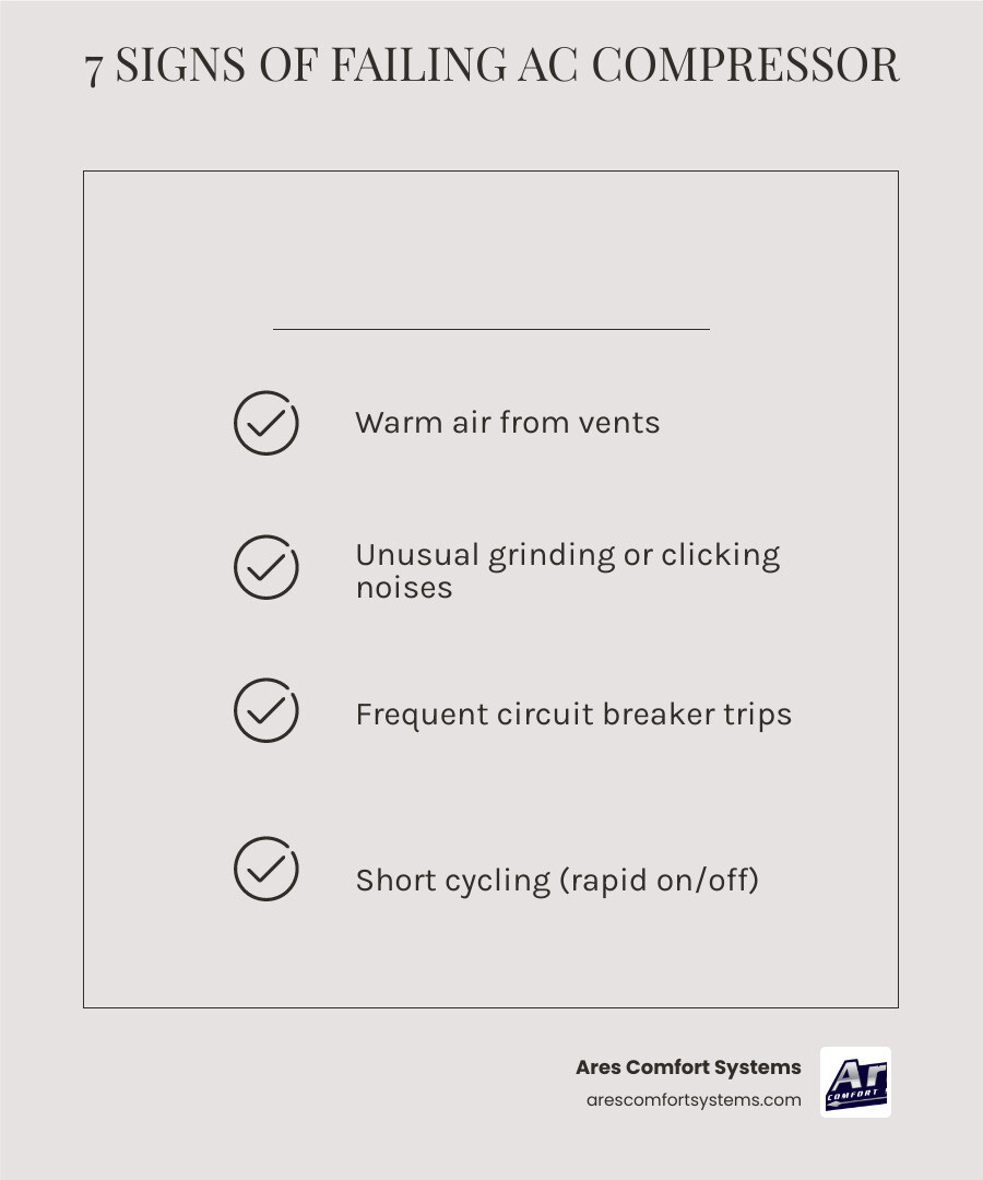 Infographic showing 7 signs of a failing AC compressor and what each symptom means - how to tell if your ac compressor is