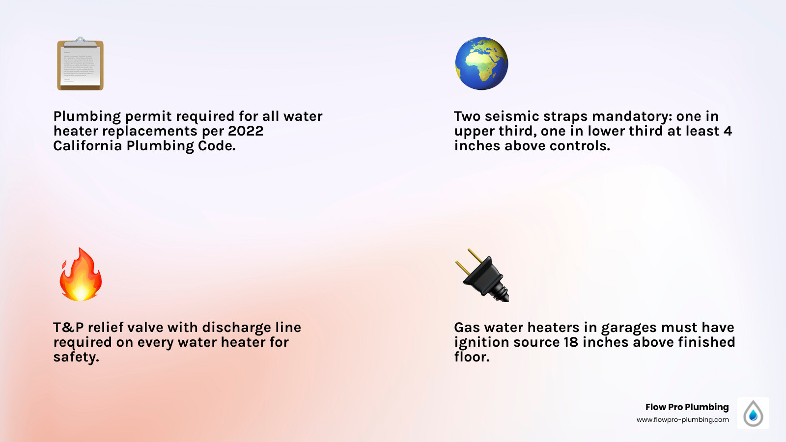 Infographic summarizing California water heater code requirements including permits, seismic straps, T&P valves, and Title Infographic summarizing California water heater code requirements including permits, seismic straps, T&P valves, and Title
