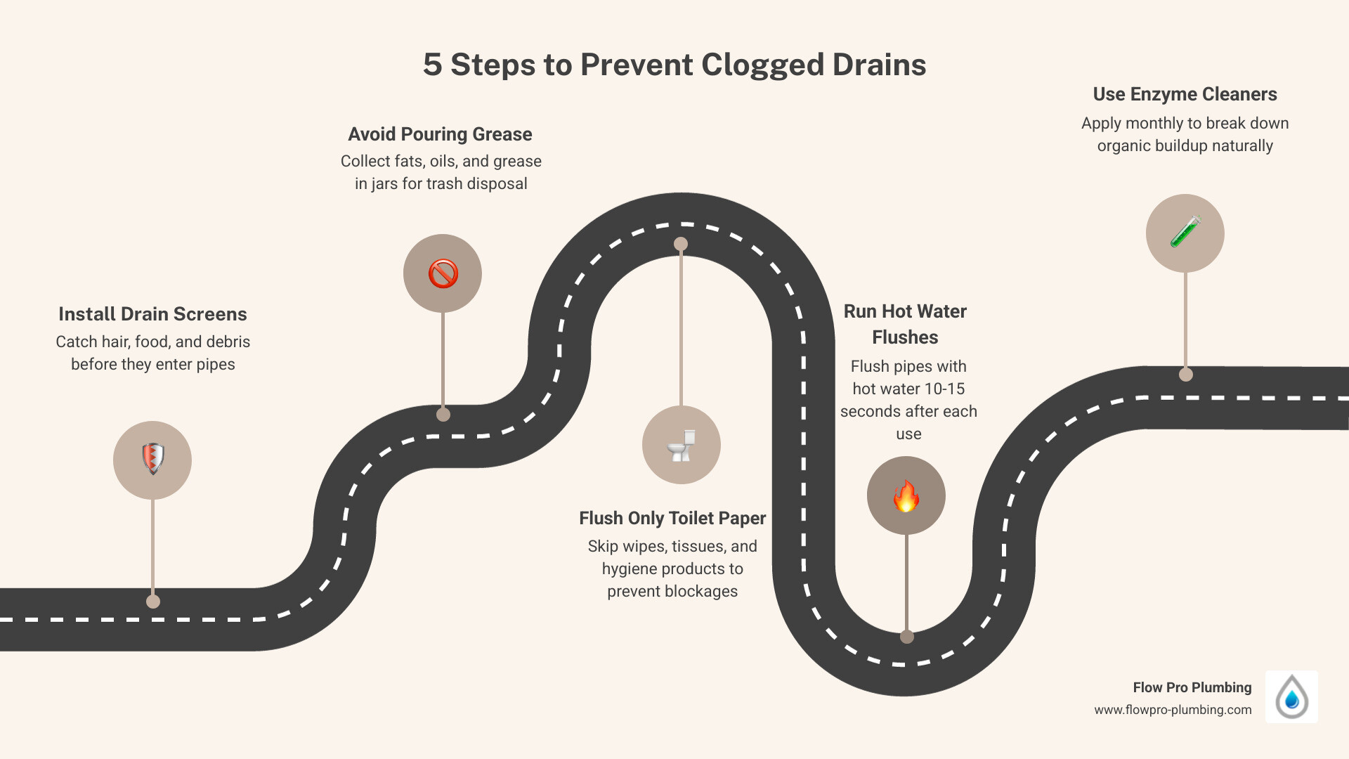 Infographic showing 7 steps to prevent clogged drains at home including drain screens, grease disposal, and enzyme cleaners Infographic showing 7 steps to prevent clogged drains at home including drain screens, grease disposal, and enzyme cleaners