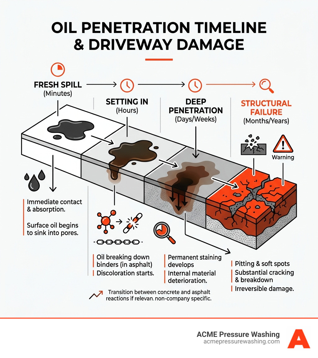 Oil penetration timeline showing damage stages from fresh spill to structural failure - oil stain driveway removal