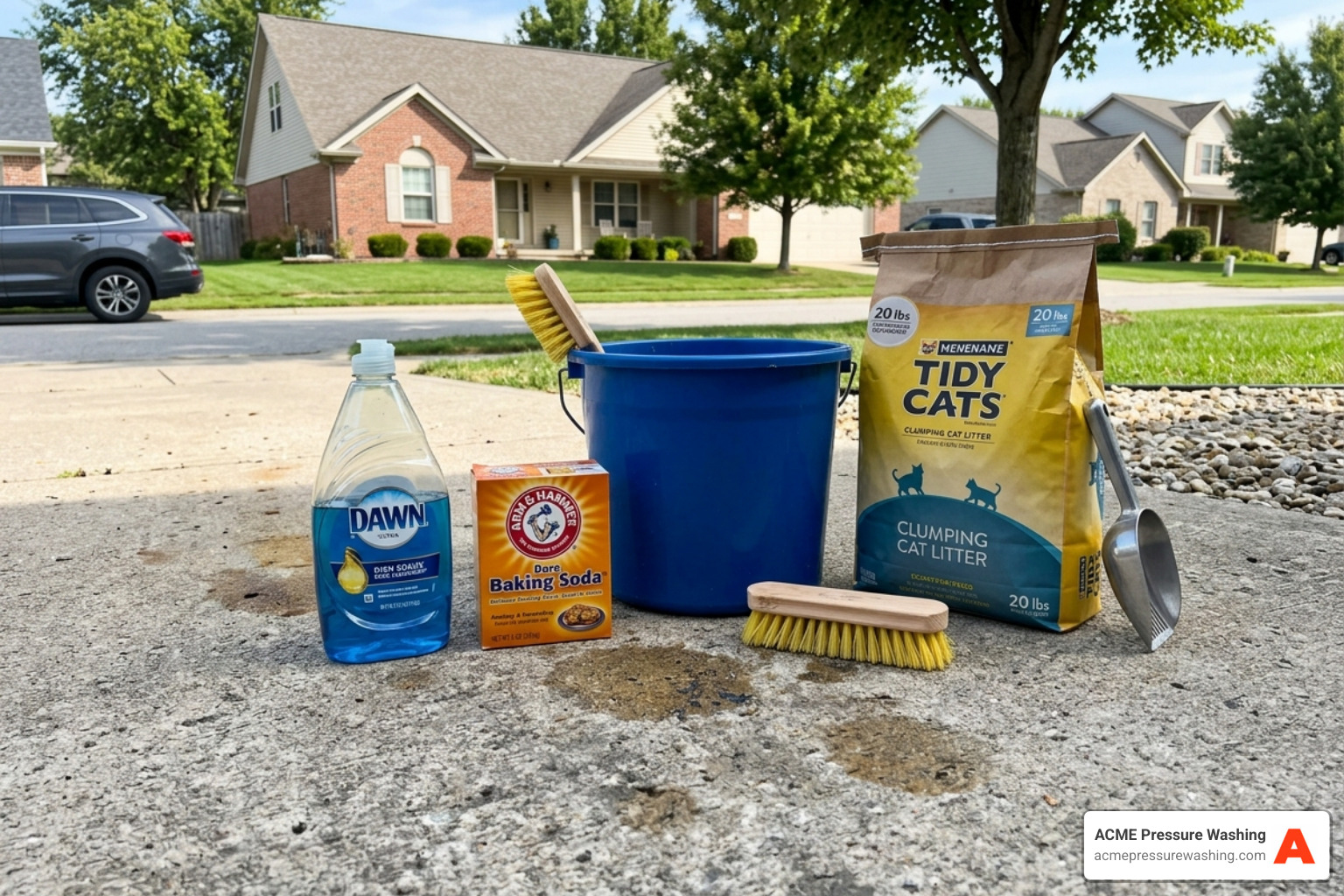 Common household cleaning supplies like dish soap, baking soda, and scrub brushes - oil stain driveway removal