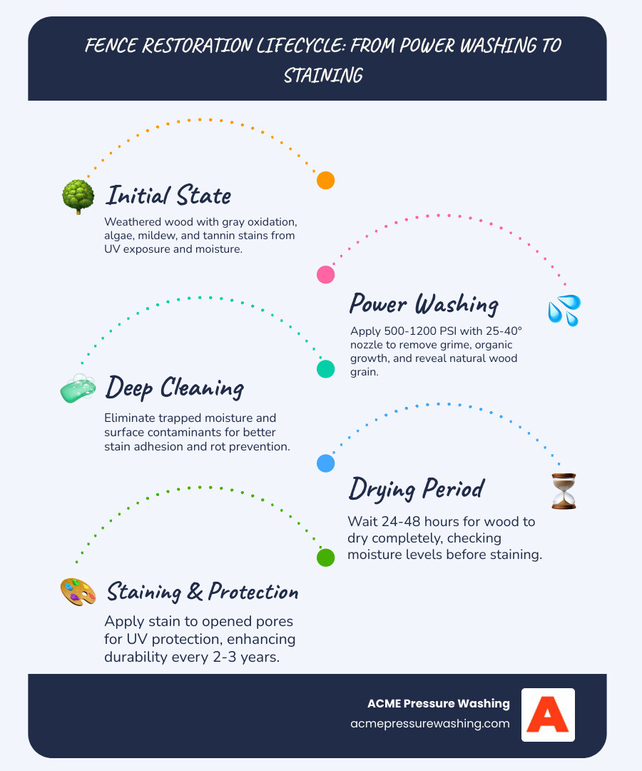 Infographic illustrating the fence restoration lifecycle, detailing stages from power washing to staining, highlighting initial state with gray oxidation, deep cleaning techniques, power washing methods, drying period, and staining for UV protection, branded with ACME Pressure Washing.