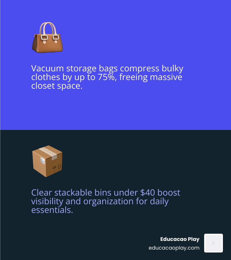 Infographic showing 75% space savings with vacuum storage bags and top cheap closet storage picks under $50 - cheap closet