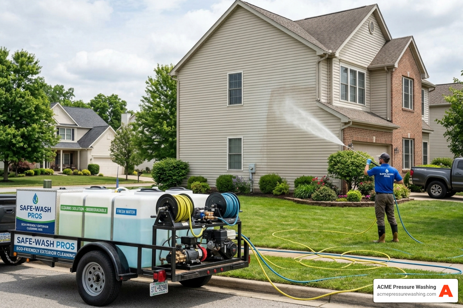 Professional soft washing service in action, technician applying eco-friendly cleaning solution to home exterior, emphasizing safe algae and mold removal methods for maintaining shingles.