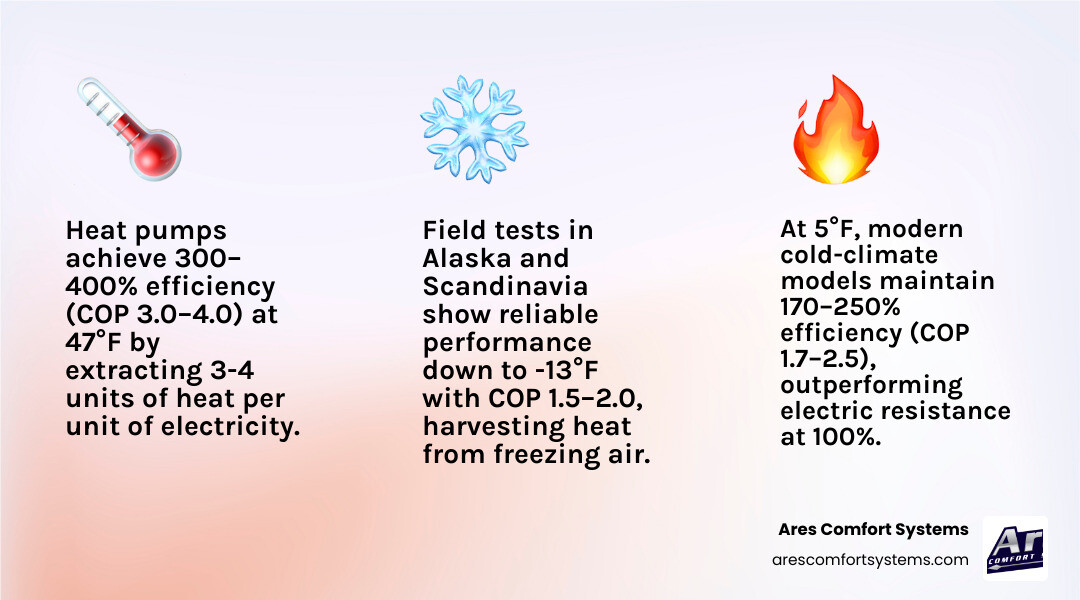 Infographic showing how heat pumps extract heat from freezing outdoor air with COP values at different temperatures - how