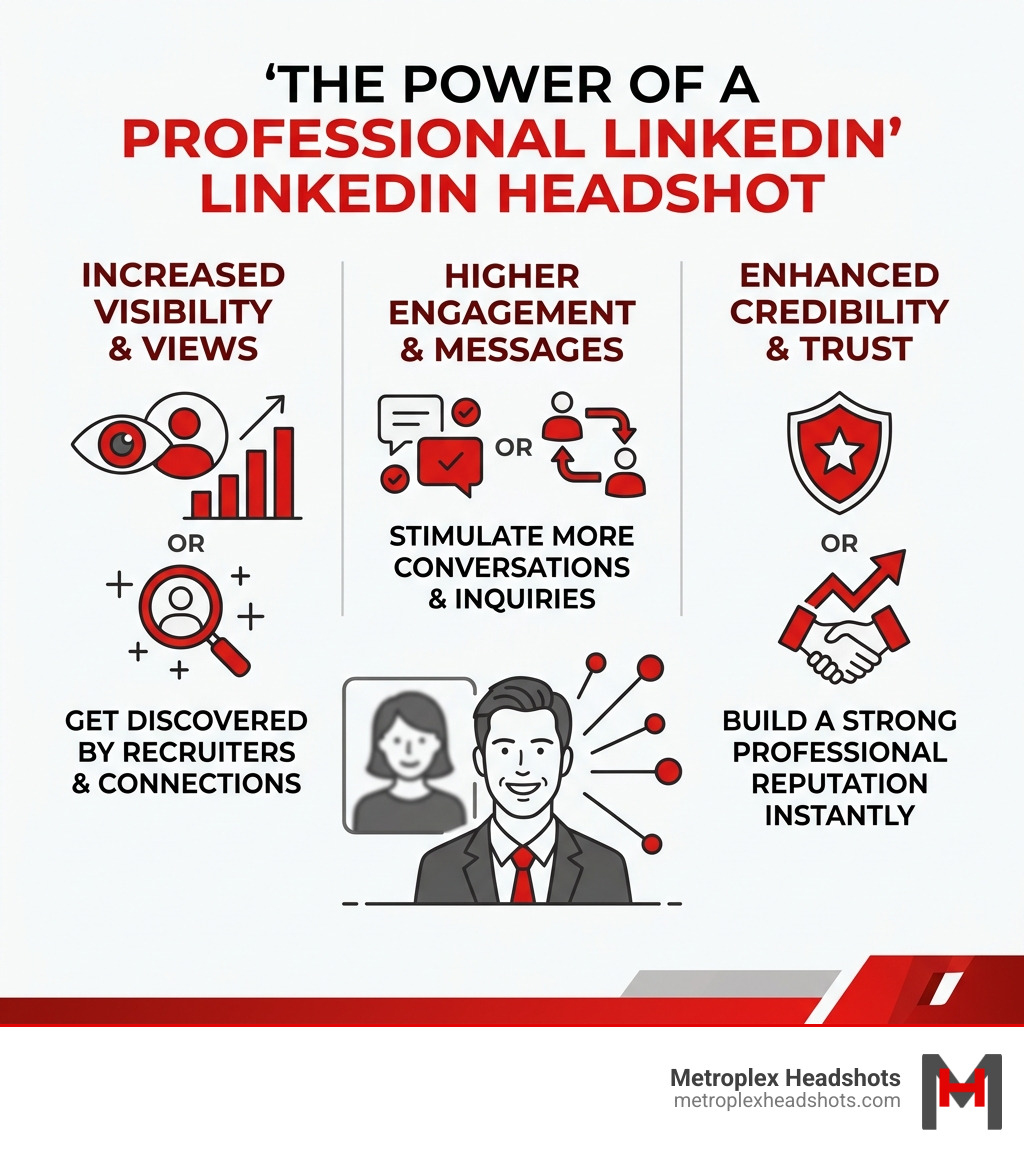 Infographic showing how a professional LinkedIn headshot impacts profile views, messages, and credibility - professional