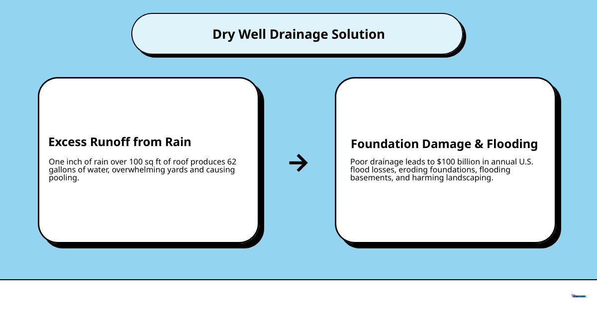 Dry well water cycle infographic showing runoff collection, underground storage, and soil infiltration - building a dry well