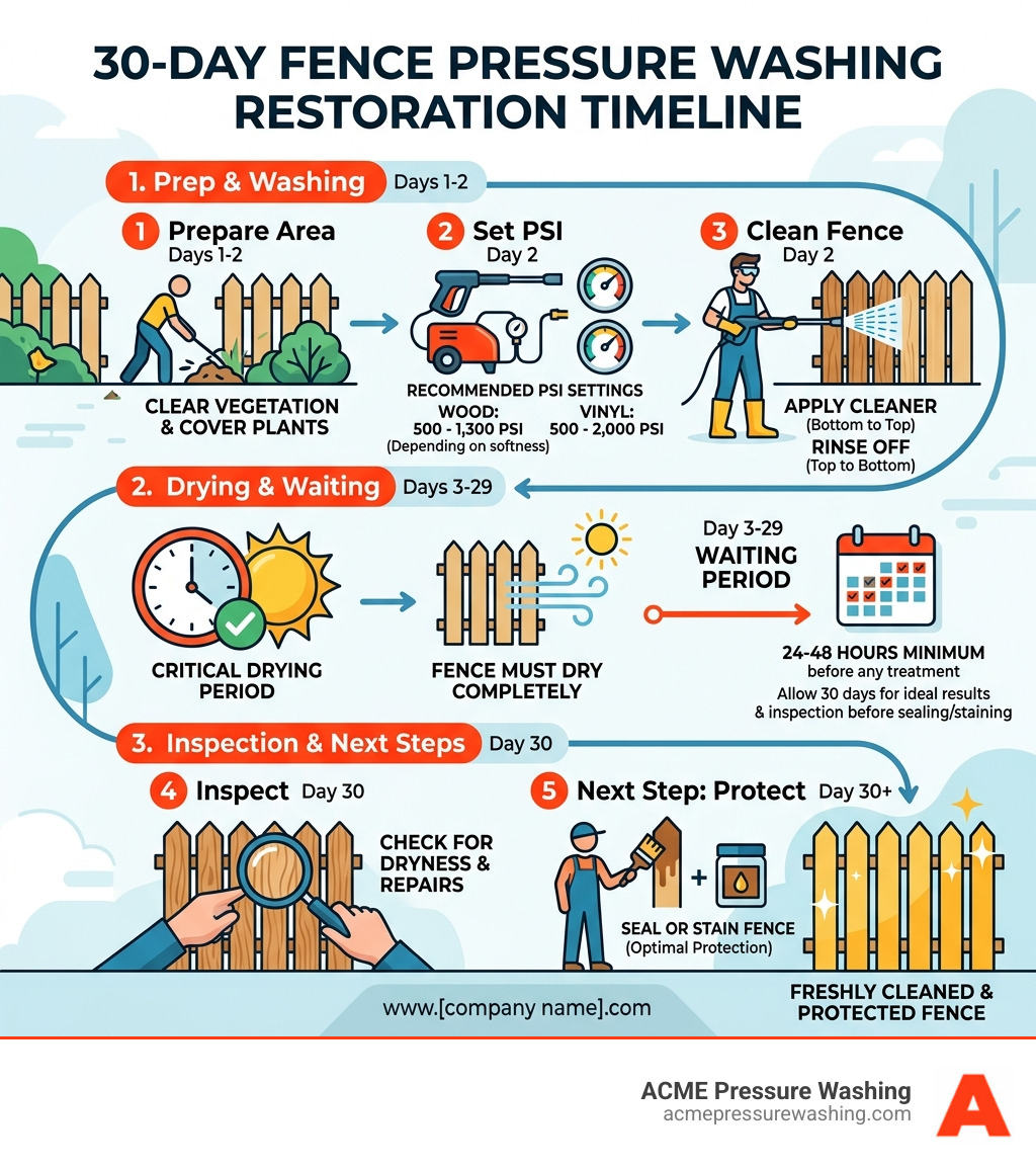 30-day fence pressure washing restoration timeline infographic with steps, PSI settings, and drying times - fence pressure