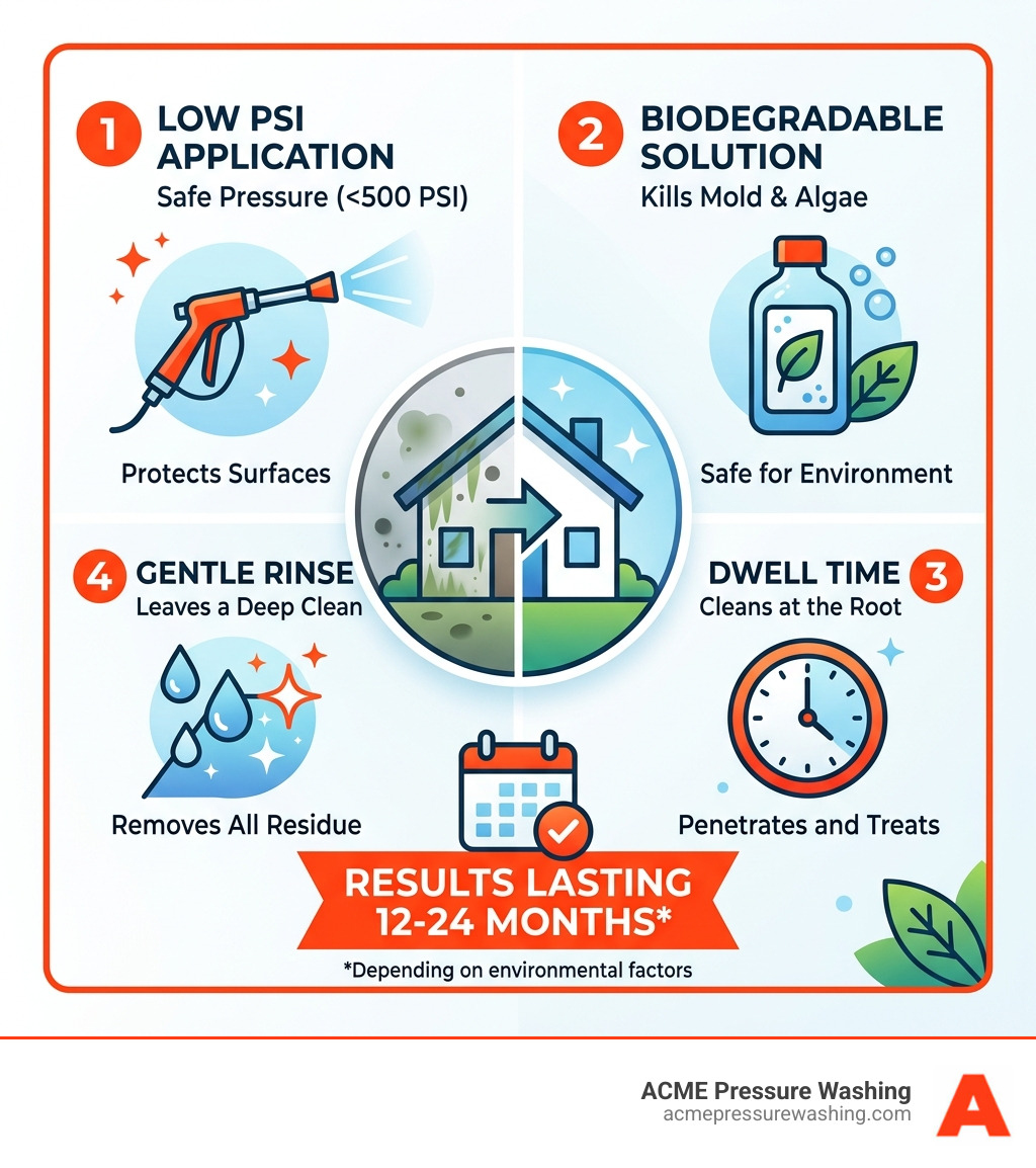 Infographic illustrating ACME Pressure Washing's soft washing process, featuring low PSI application, biodegradable solution, dwell time, and gentle rinse for effective mold and algae removal, promoting long-lasting results.