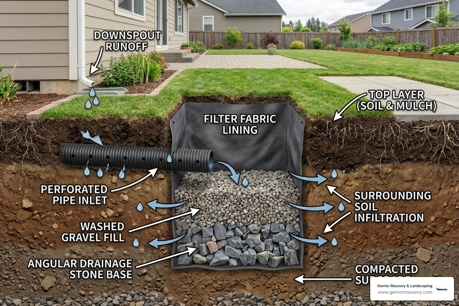 Cross-section of a residential dry well showing stone layers and filter fabric - building a dry well for drainage