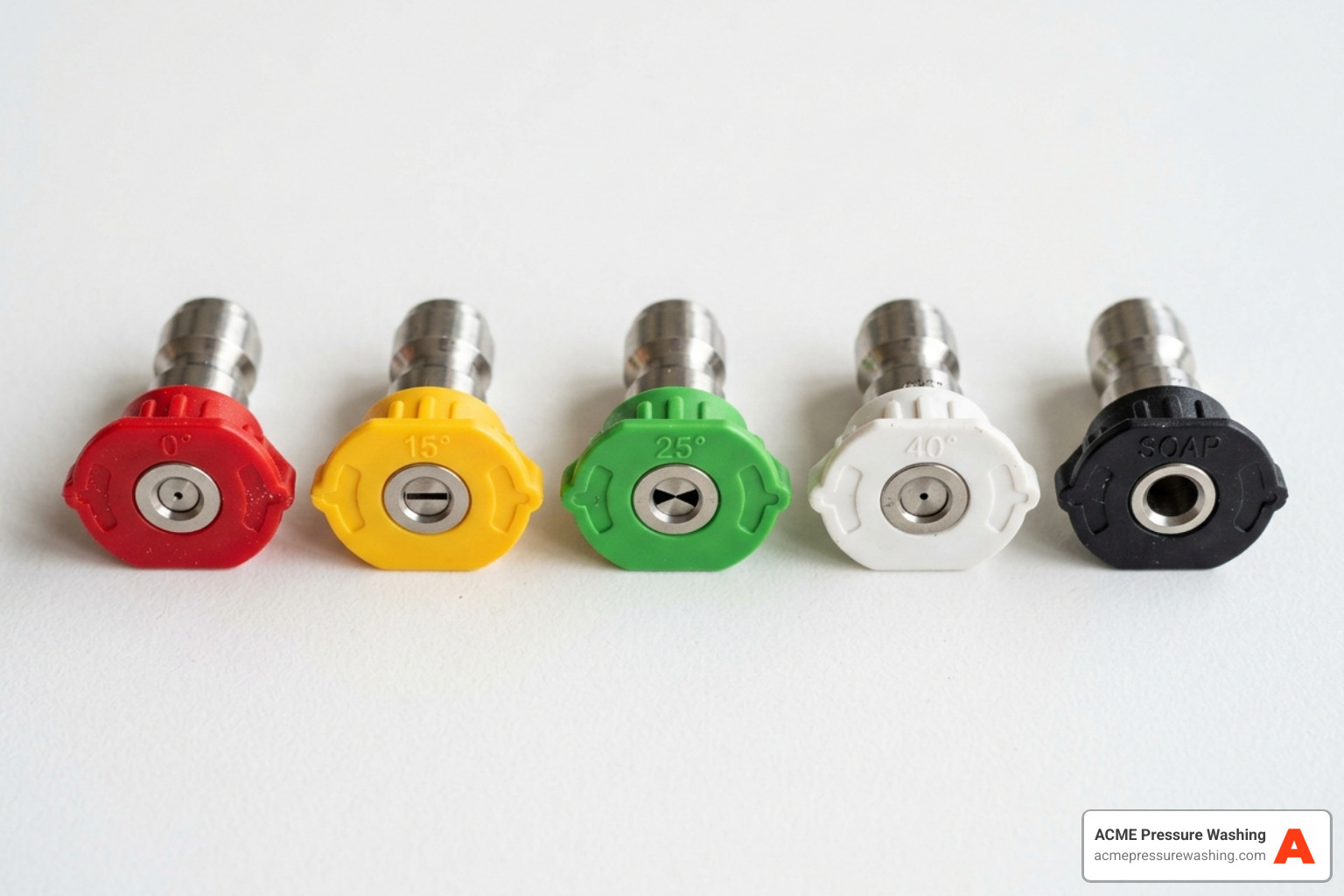 Various pressure washer nozzle tips: red 0-degree, yellow 15-degree, green 25-degree, white 40-degree, and black soap tip