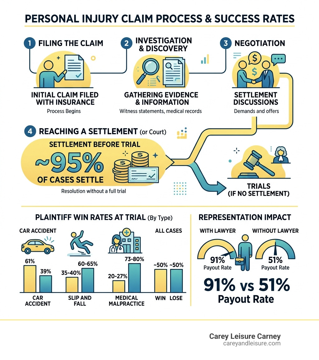 Infographic showing personal injury claim process from filing to settlement with success rates at each stage - chances of