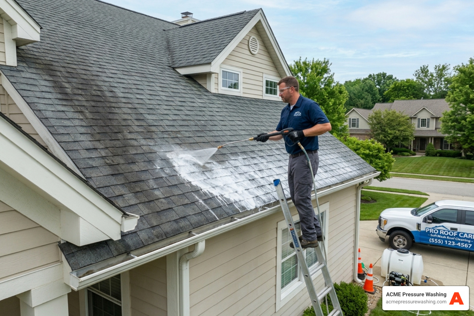 Technician using soft wash equipment on a residential roof - Roof Cleaning Service
