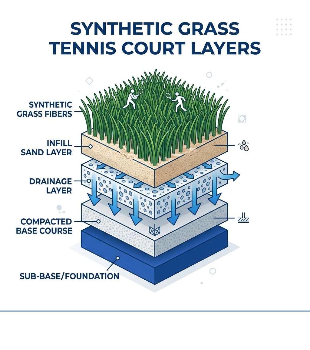 Infographic showing layers of a synthetic grass tennis court including fibers, infill sand, drainage layer, and base Infographic showing layers of a synthetic grass tennis court including fibers, infill sand, drainage layer, and base