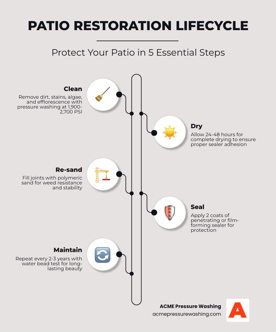 Patio restoration lifecycle infographic showing clean, dry, re-sand, seal, and maintain steps - patio clean and seal