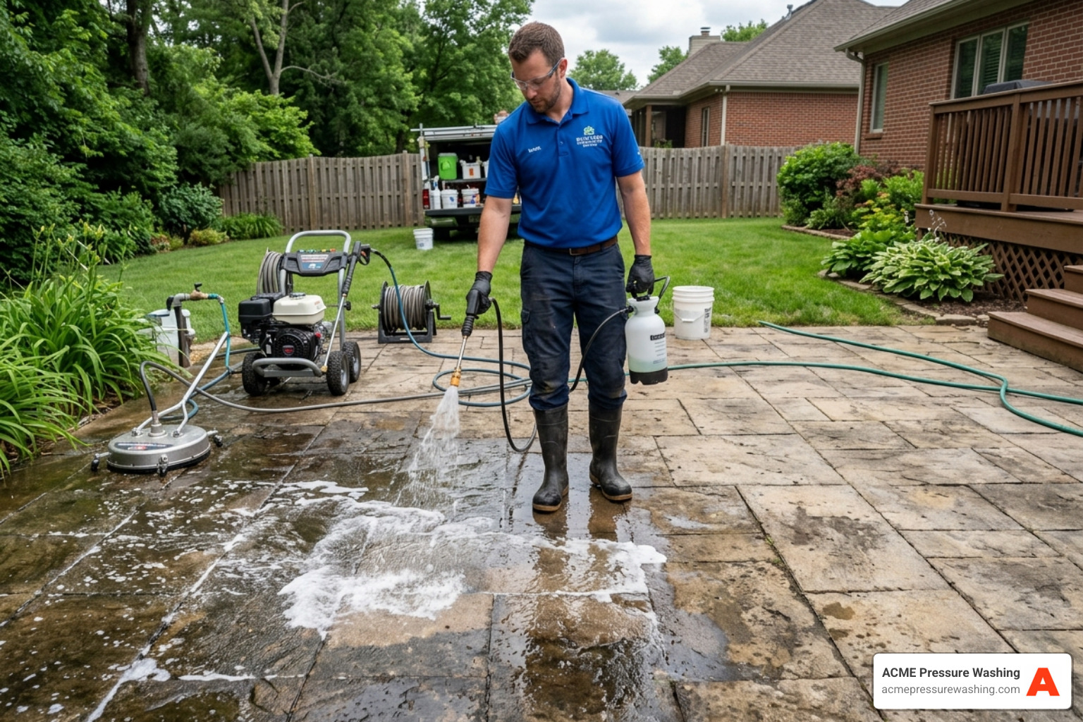 Technician applying specialized cleaning solutions to a weathered paver patio - patio clean and seal