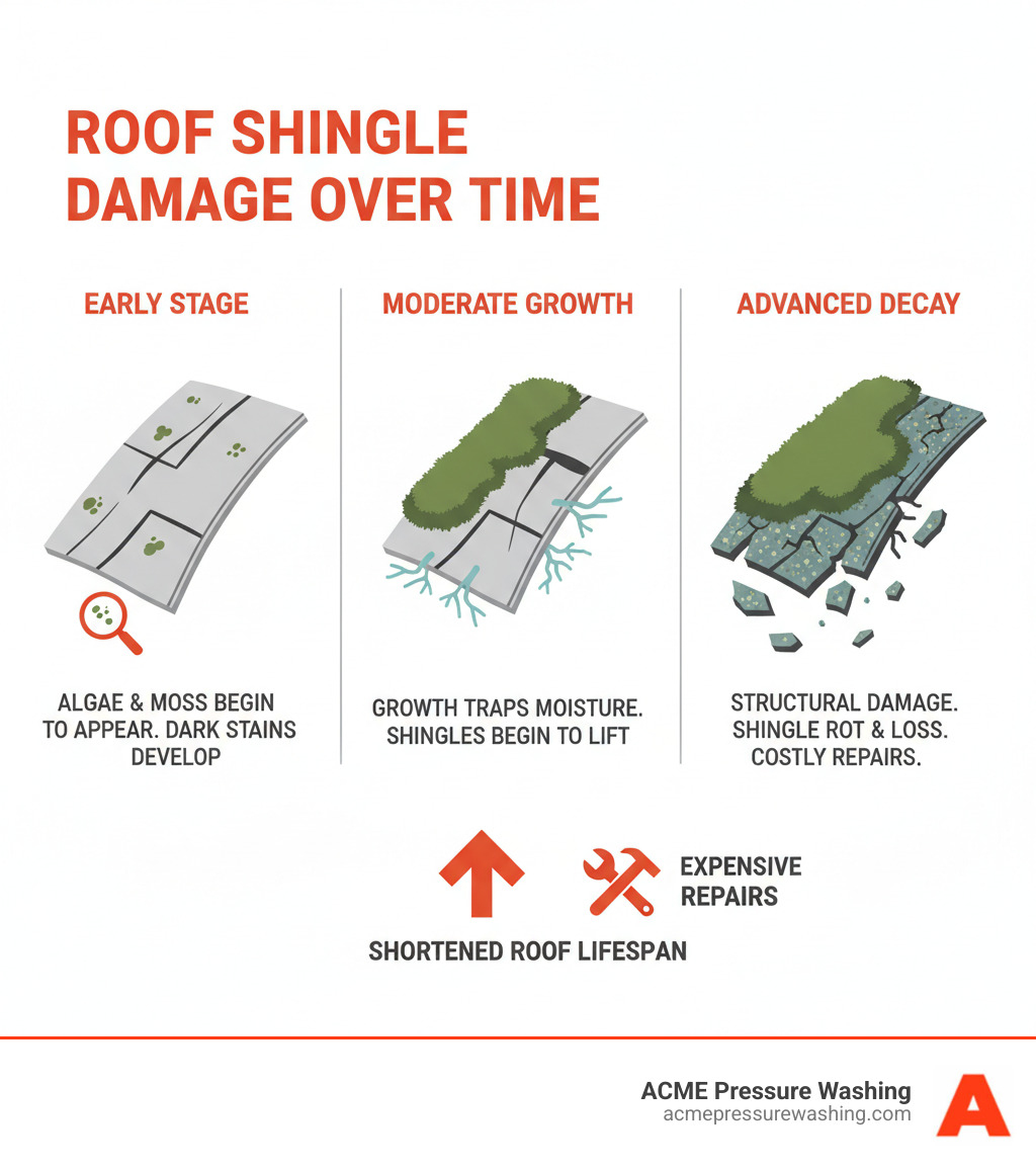 Infographic showing how moss and algae damage roof shingles over time - Roof Cleaning Service infographic 