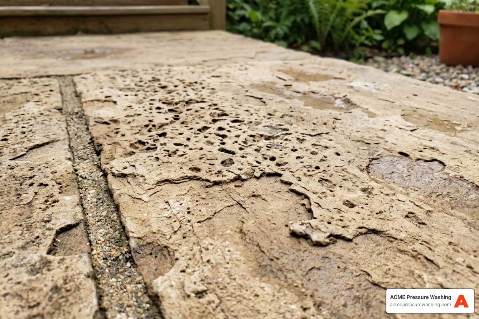 Close up of damaged sandstone showing pitting and cracks from high pressure washing - clean patio without jet wash Close up of damaged sandstone showing pitting and cracks from high pressure washing - clean patio without jet wash