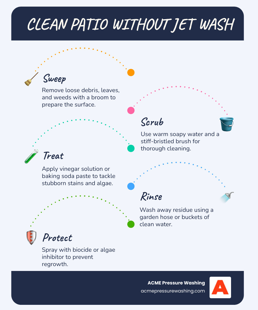 Manual patio cleaning workflow infographic showing sweep, scrub, treat, rinse, protect steps - clean patio without jet wash Manual patio cleaning workflow infographic showing sweep, scrub, treat, rinse, protect steps - clean patio without jet wash