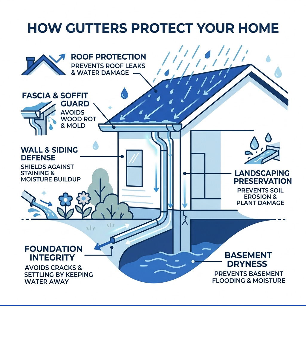 Infographic showing how gutters protect home structural integrity from roof to foundation - professional gutter repair Infographic showing how gutters protect home structural integrity from roof to foundation - professional gutter repair
