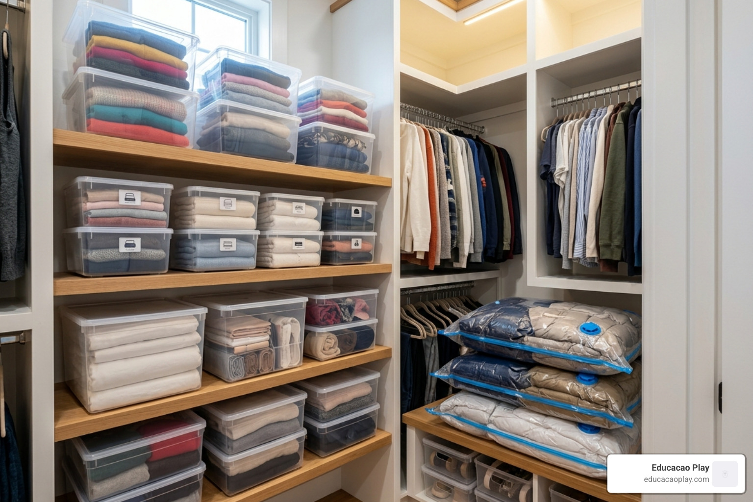 Clear stackable bins and vacuum bags in a tidy closet - cheap closet storage solutions